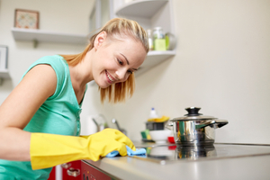Household cleaning of kitchen countertop with cleaning wipes